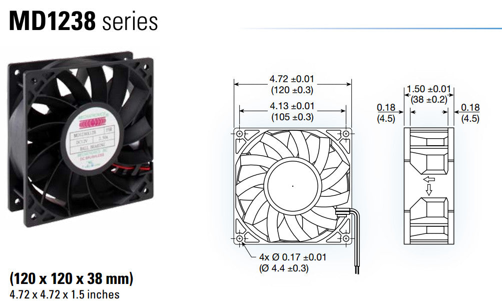High CFM 120x120x38mm Mechatronics Cooling Fan MD1238X12B - Perfect for PC Cooling, Server Racks & Industrial Equipment Ventilation