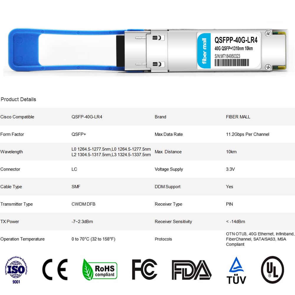 40G QSFP+ LR4 Optical Transceiver Module - Cisco QSFP-40G-LR4, QSFP-40GE-LR4, Meraki MA-QSFP-40G-LR4 Compatible - 40GBASE-LR4 1310nm CWDM4 10km LC DOM - Ideal for Data Centers & High-Speed Networking