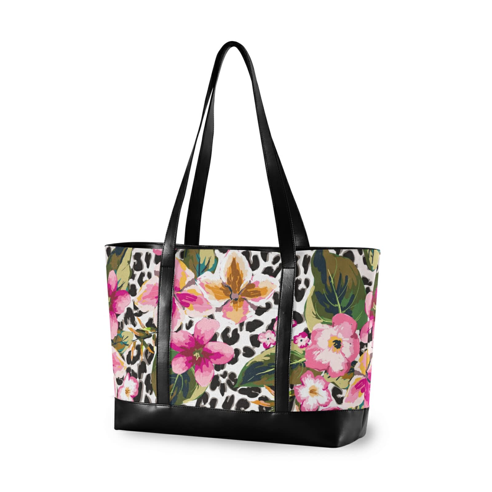 Stylish Women's Tote Bag - 15.6 Inch Laptop Organizer Shoulder Bag with Tropical Floral & Leopard Print - Perfect Work Purse for Teachers, Office & Travel Use