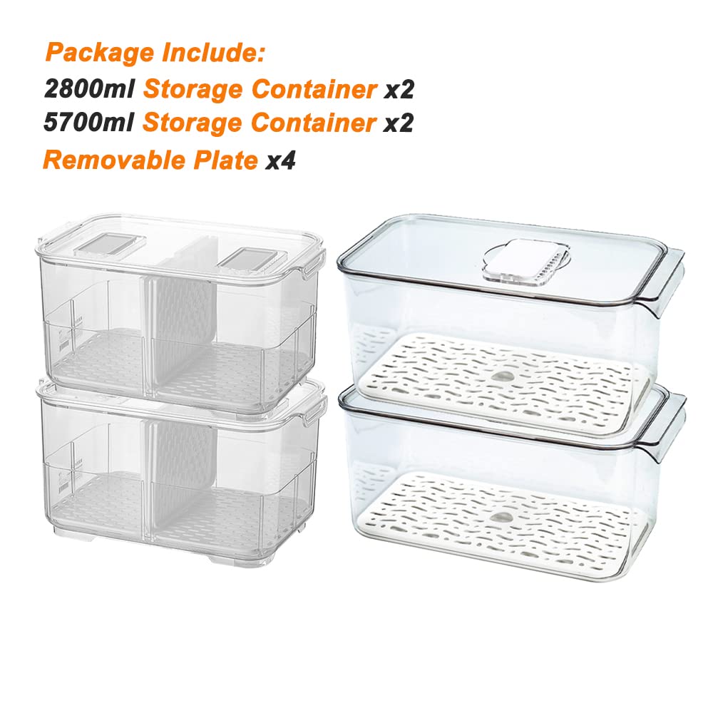 **Airtight Food Storage Containers for Fridge - 2800ML & 5700ML Lettuce Keeper with Lids & Drain Tray - Clear Fridge Organizer Set of 4 - Perfect for Fresh Produce, Meal Prep & Kitchen Organization**