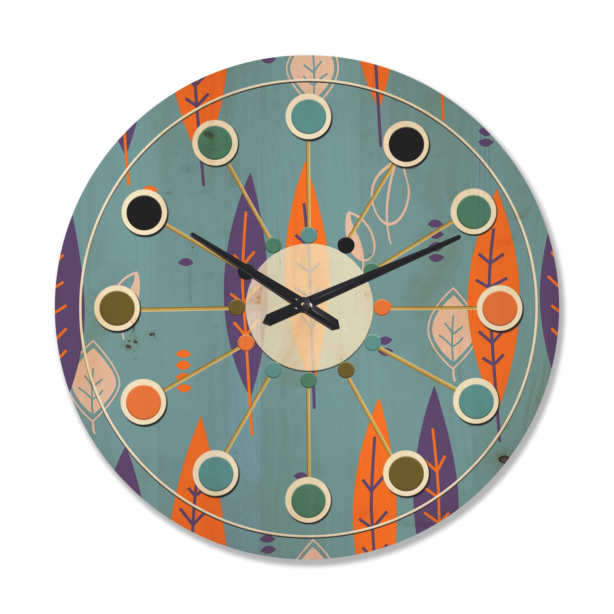 Vintage Botanical Floral Retro Pattern Wood Wall Clock - Large Mid-Century Modern Decorative Clock for Living Room, Bedroom & Office Décor | Oversized Wooden Clock with Elegant Design