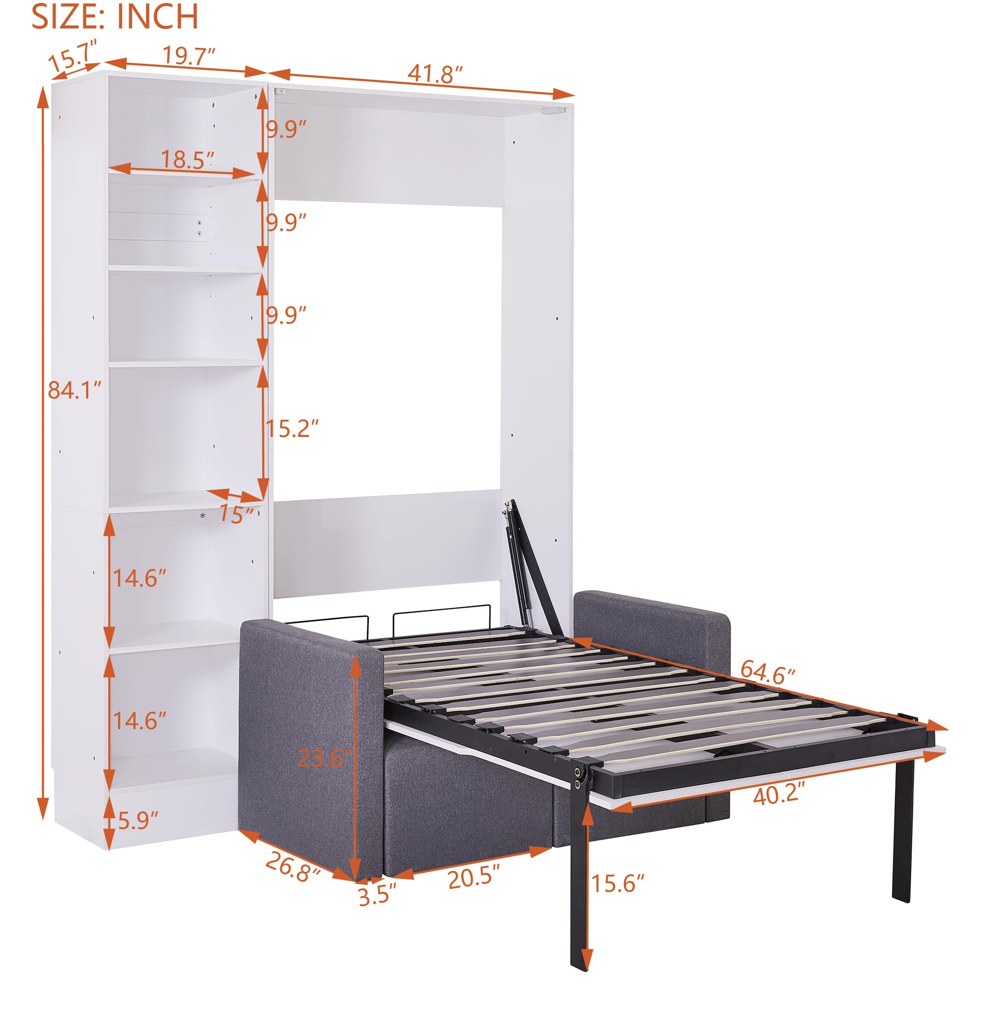 LZ LEISURE ZONE Twin Size Murphy Bed with Built-in Shelves & Sofa - Space Saving Wall Bed for Small Rooms, Home Office or Studio Apartment - White & Gray Modern Design - Perfect for Guest Rooms, Dormitories & Tiny Homes