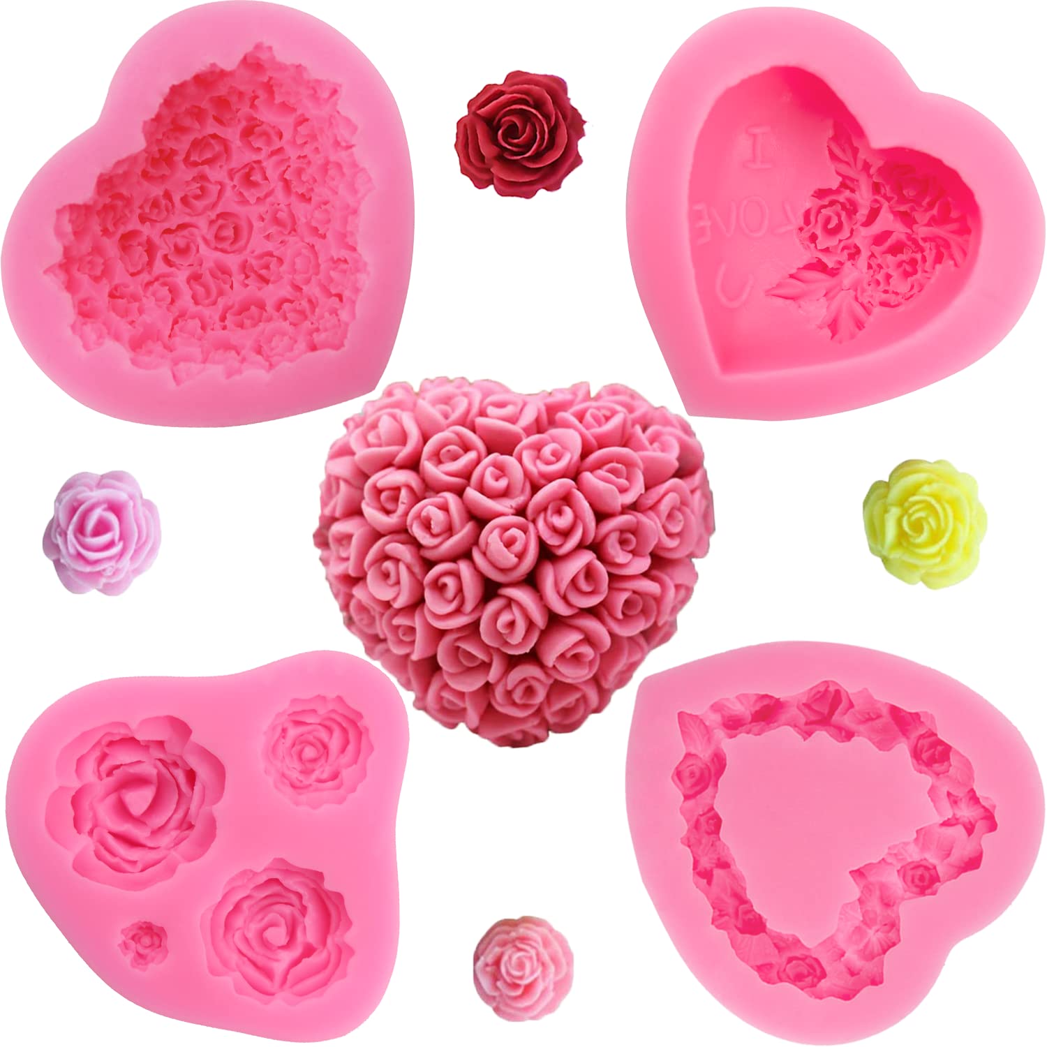 4 Pcs 3D Rose Flower Silicone Molds for Cake Decorating, Fondant, Chocolate, Polymer Clay & Soap Making - Perfect for Mother's Day, Wedding Cake Toppers, Candy Molds & DIY Party Supplies