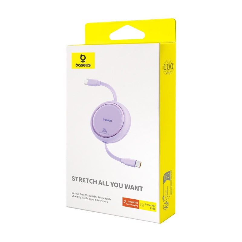 Baseus Free2 Draw Mini 1m 100W Purple Retractable Bidirectional USB-C to USB-C Fast Charging Cable - Perfect for Travel, Office & Home Use