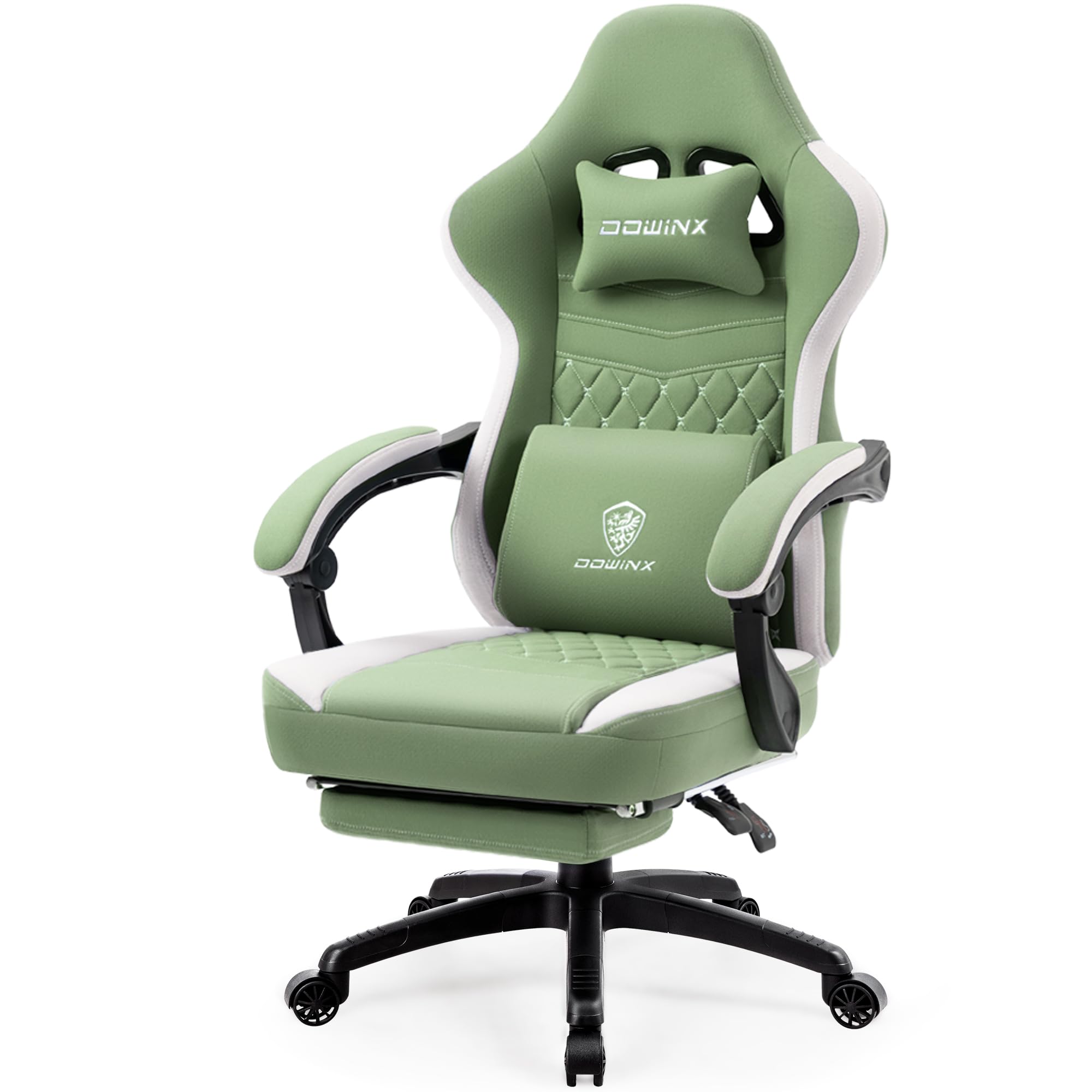 Dowinx Ergonomic Gaming Chair with Breathable Fabric & Pocket Spring Cushion - Comfortable Office Chair with Gel Pad, Storage Bag & Footrest - Green - Perfect for PC Gaming, Home Office & Esports