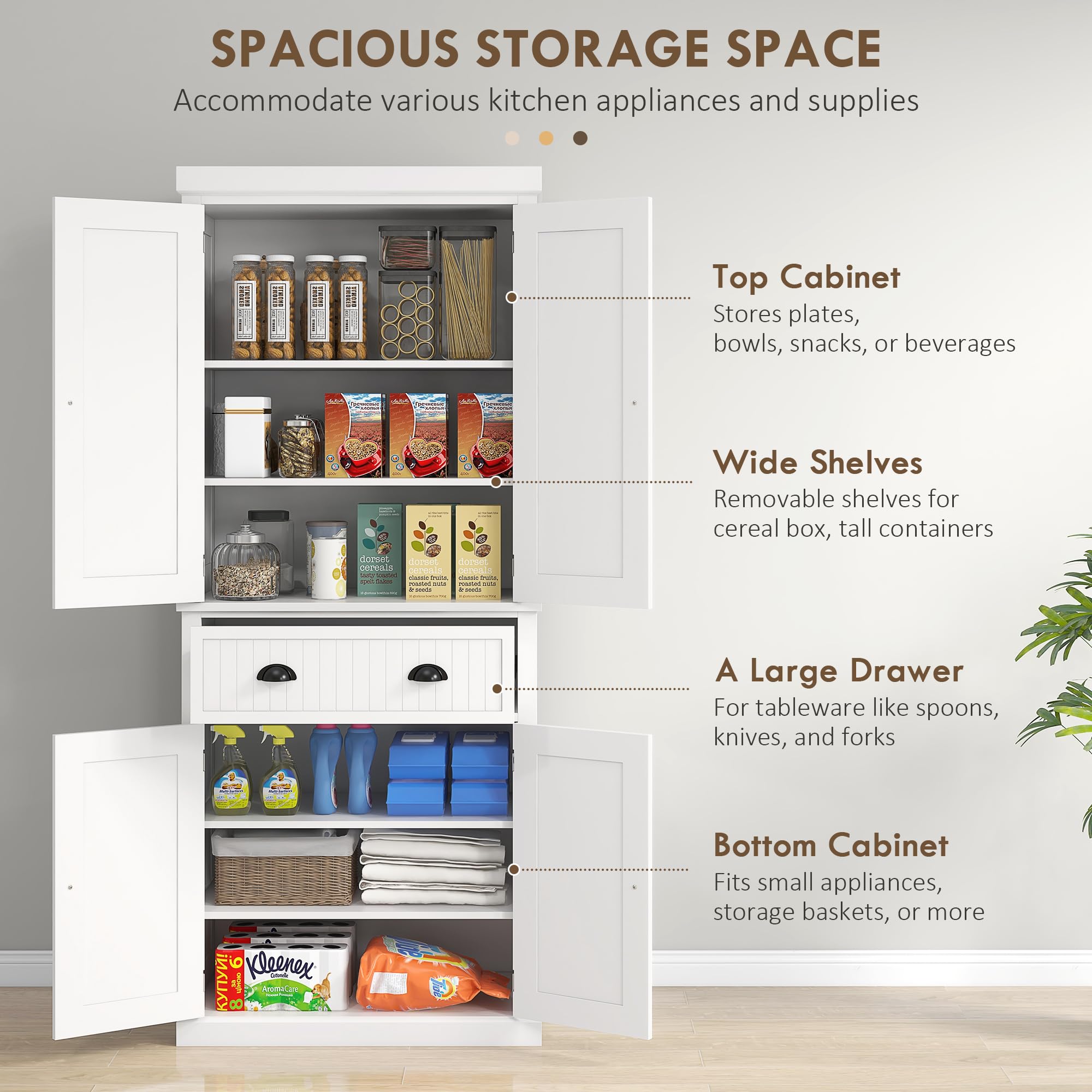 HOMCOM 72 Inch White Freestanding Kitchen Pantry Cabinet with 4 Doors, Drawer & 3 Adjustable Shelves - Tall Storage Cabinet for Dining Room, Kitchen, or Living Room Organization