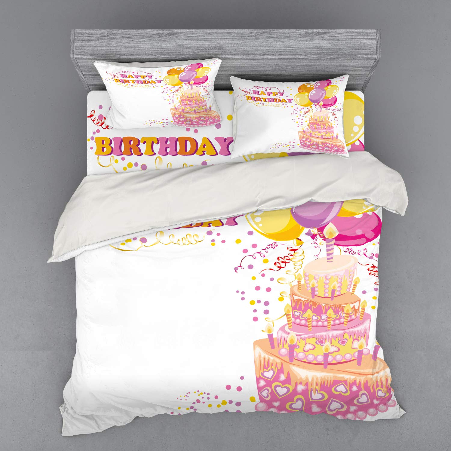 Ambesonne Birthday Party Duvet Cover Set - King Size 4-Piece Bedding with Shams & Fitted Sheet - Celebration Theme with Cakes, Candles, Balloons & Hearts Print in Orange & Pink - Perfect for Girls' Birthday Parties, Sleepovers & Themed Bedroom Decor