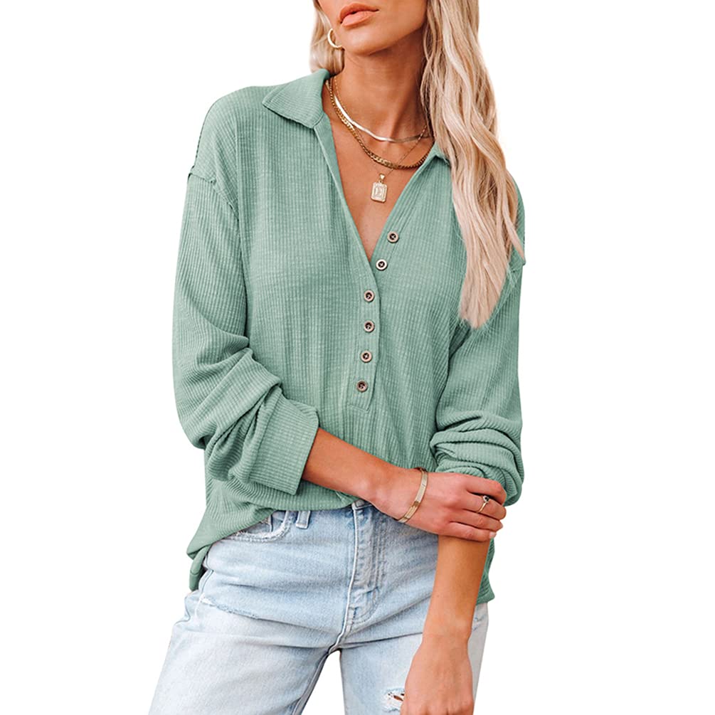 Roselux Women's Casual Long Sleeve Ribbed Henley Shirt - Waffle Knit Collared Loose Tunic Top for Fall & Winter | Comfortable Layering Piece for Work, Weekend & Travel Outfits