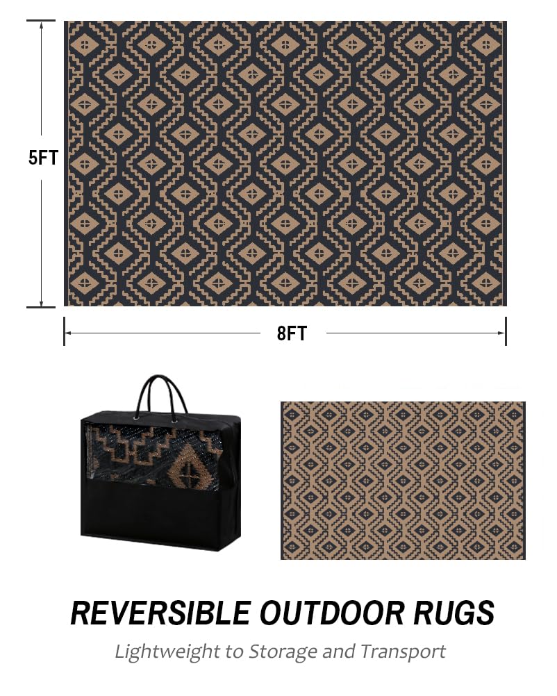 LILIOFFIC 5'x8' Reversible Outdoor Rug - Waterproof Plastic Straw Mat for Patio, Deck, RV, Camping, Beach & Picnic | Indoor/Outdoor Use | Durable Black & Brown Design for All-Weather Protection