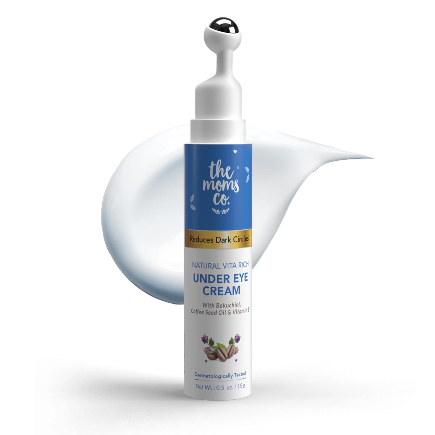 The Moms Co. Natural Vita Rich Under Eye Cream for Dark Circles & Puffiness - Chia Seed Oil, Coffee Oil, Vitamins E & B3 - Cooling Massage Roller for Women & Men - Reduce Fine Lines & Wrinkles - 15g/0.5 oz - Perfect for Night Routine & Travel Skincare