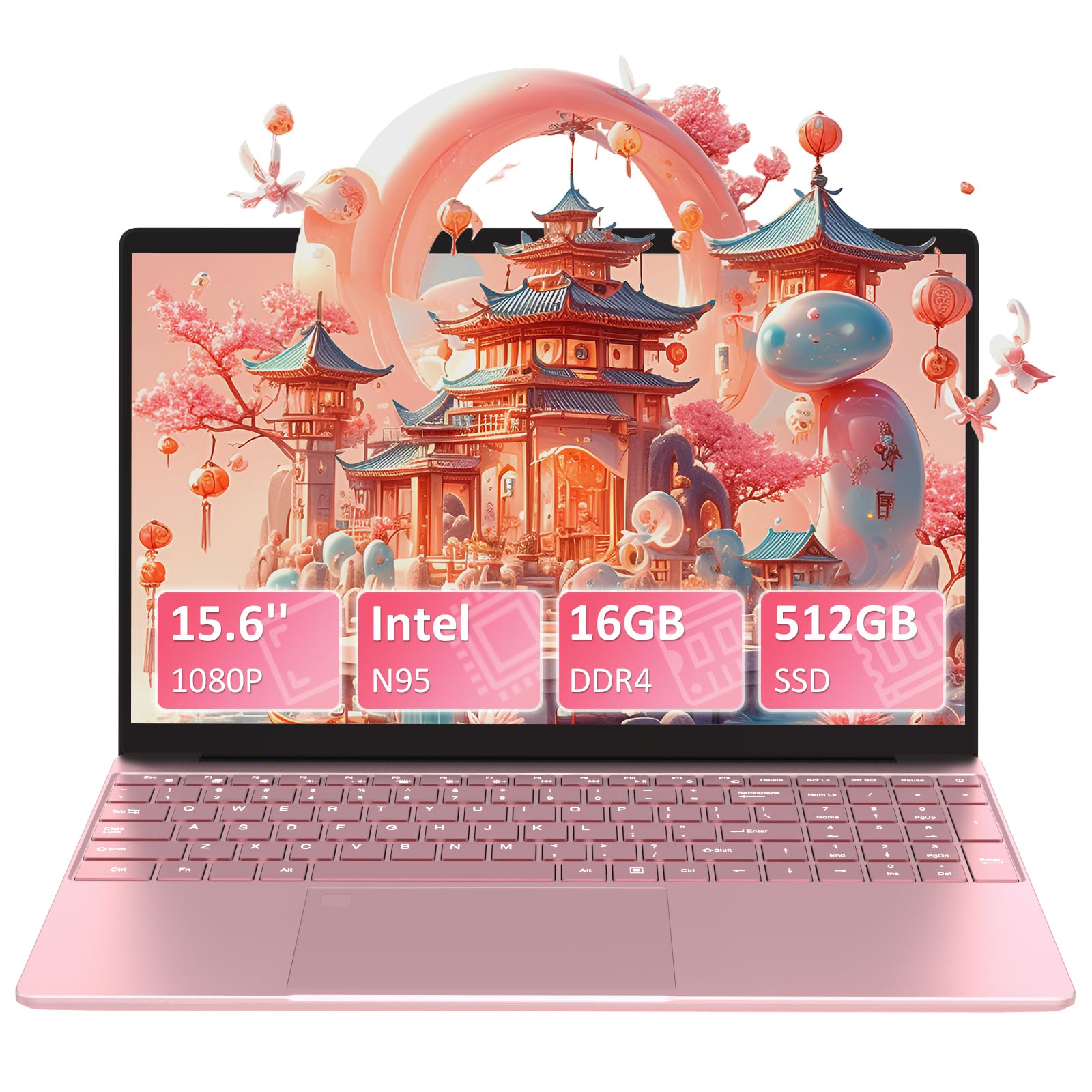 Auusda 15.6 Inch Full HD Laptop - 16GB DDR4 RAM, 512GB SSD, Intel N95 Processor up to 3.4GHz, Fingerprint Unlock, Cooling Fan, Webcam, Dual Speakers, Mini HDMI - Lightweight Business & Student Laptop (Pink) - Perfect for Remote Work, Online Classes & Home Office