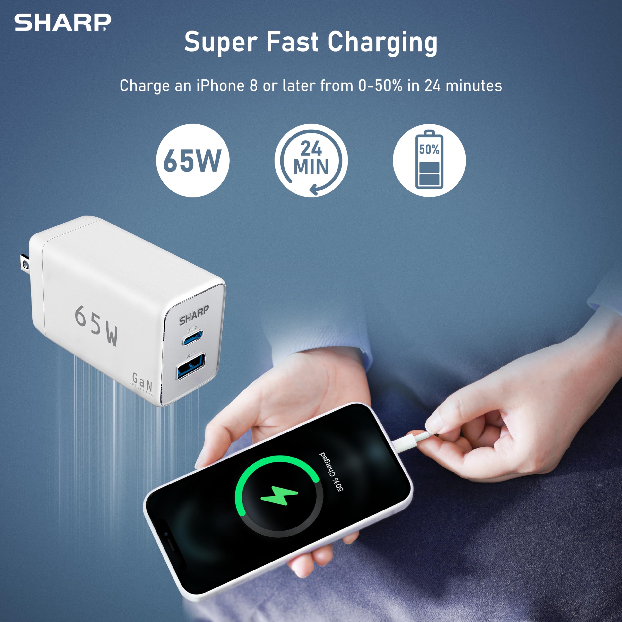 65W GaN Fast Charger with USB C & USB A Ports - Compact Foldable Wall Charger for MacBook Pro/Air, iPad Pro, Galaxy S23, Dell XPS 13, iPhone 15/Pro - Perfect for Travel, Office & Home Use - White (G451A1CU-WHT)