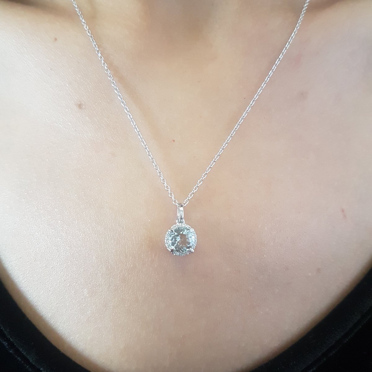 6.5mm Round Gemstone & White Diamond Women's Halo Pendant Necklace - 10K Solid White Gold with Silver Chain | Elegant Jewelry Gift for Anniversary, Birthday & Special Occasions