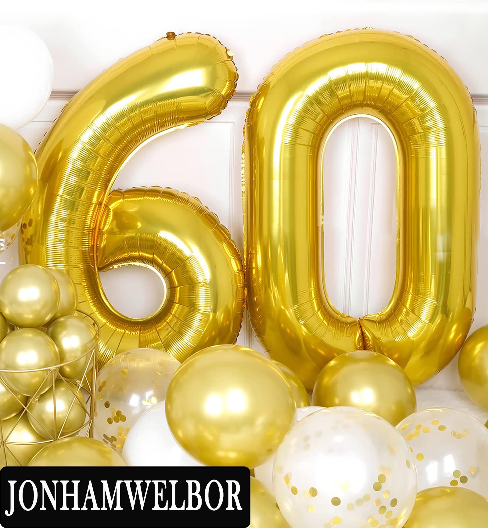 Jonhamwelbor 60 Inch Gold Foil Mylar Balloons - Giant Jumbo Number 60 Balloons for 60th Birthday Party Decorations, Anniversary Events, Women & Men Celebration Supplies - Perfect for Milestone Birthdays, Retirement Parties & Golden Anniversary Decor