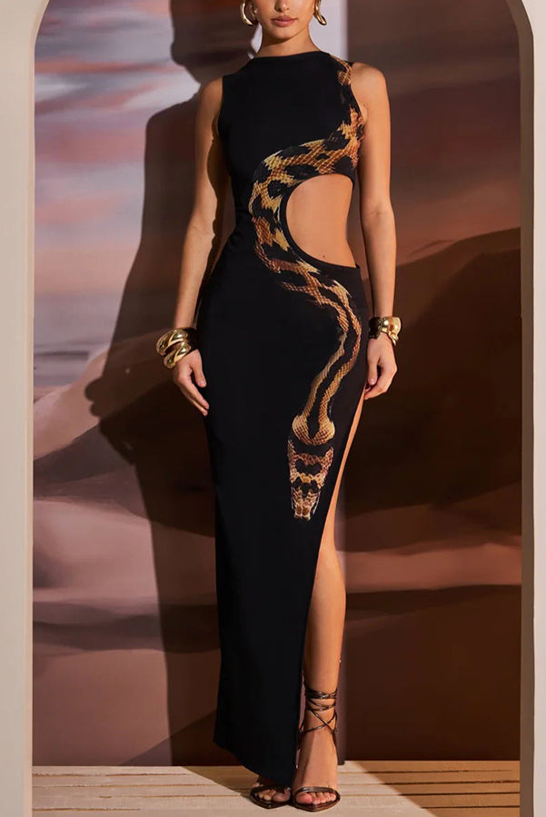 Wild Charm Snake Print Cut Out Detail Slit Stretch Maxi Dress for Women - Sexy Party, Evening, and Formal Occasions
