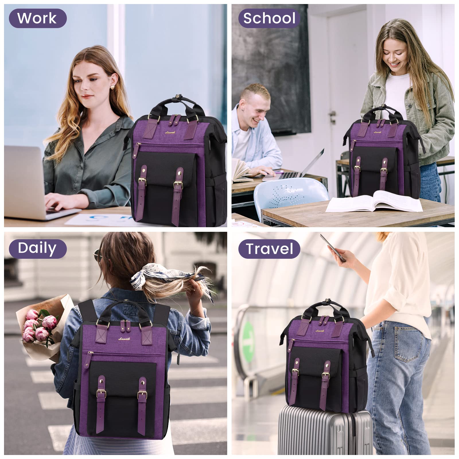 LOVEVOOK 15.6 Inch Laptop Backpack for Women - Waterproof USB Charging Port Work Bag, College Backpack for Nurse & Teacher, Business Travel Computer Bag - Perfect for Office, School & Commuting (Black-Purple)