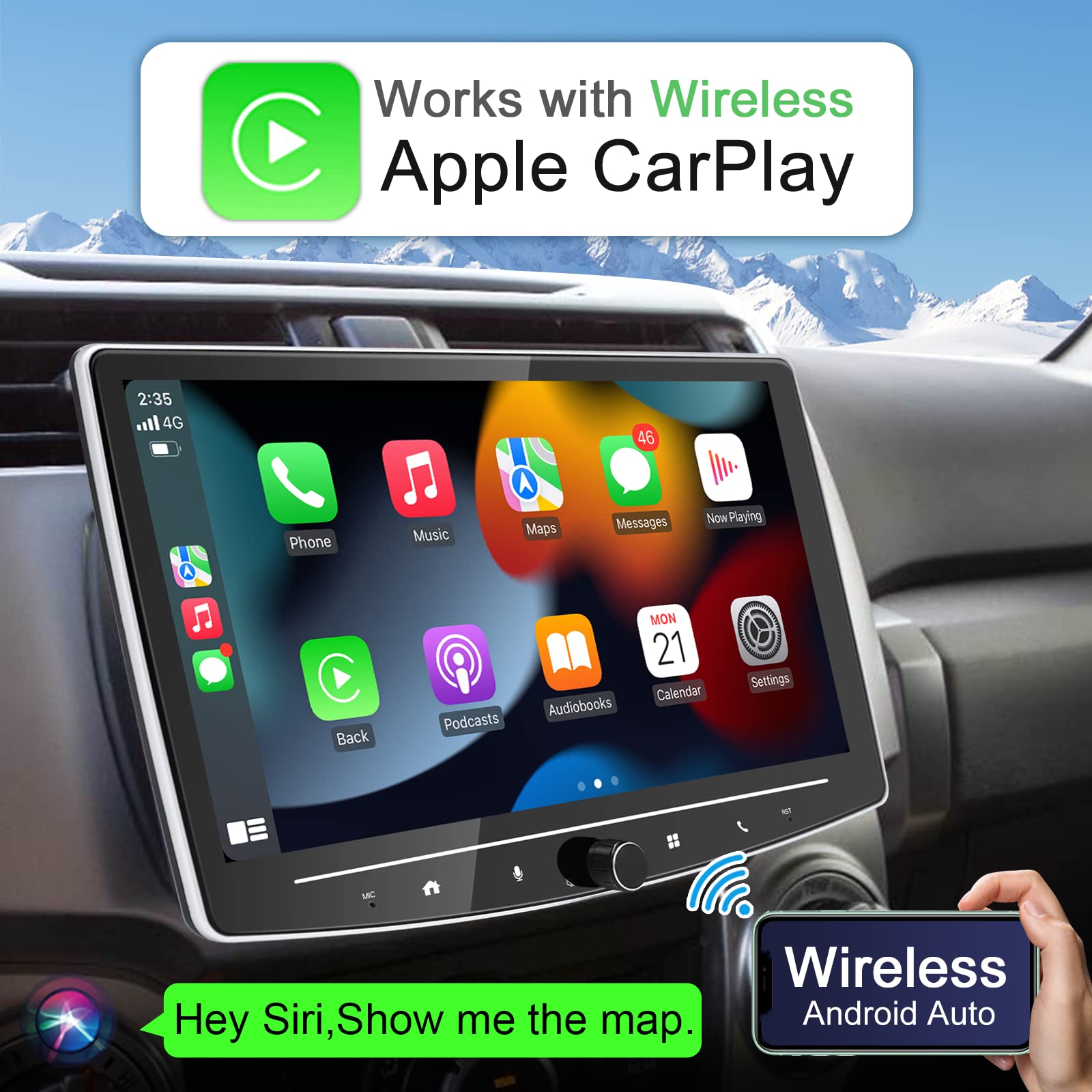 10 Inch Single Din Touchscreen Car Stereo with Wireless CarPlay & Android Auto - Adjustable Android Car Radio with Backup Camera, Bluetooth, AM/FM, WiFi, GPS Navigation, 2+32GB - Perfect for Road Trips & Daily Commuting