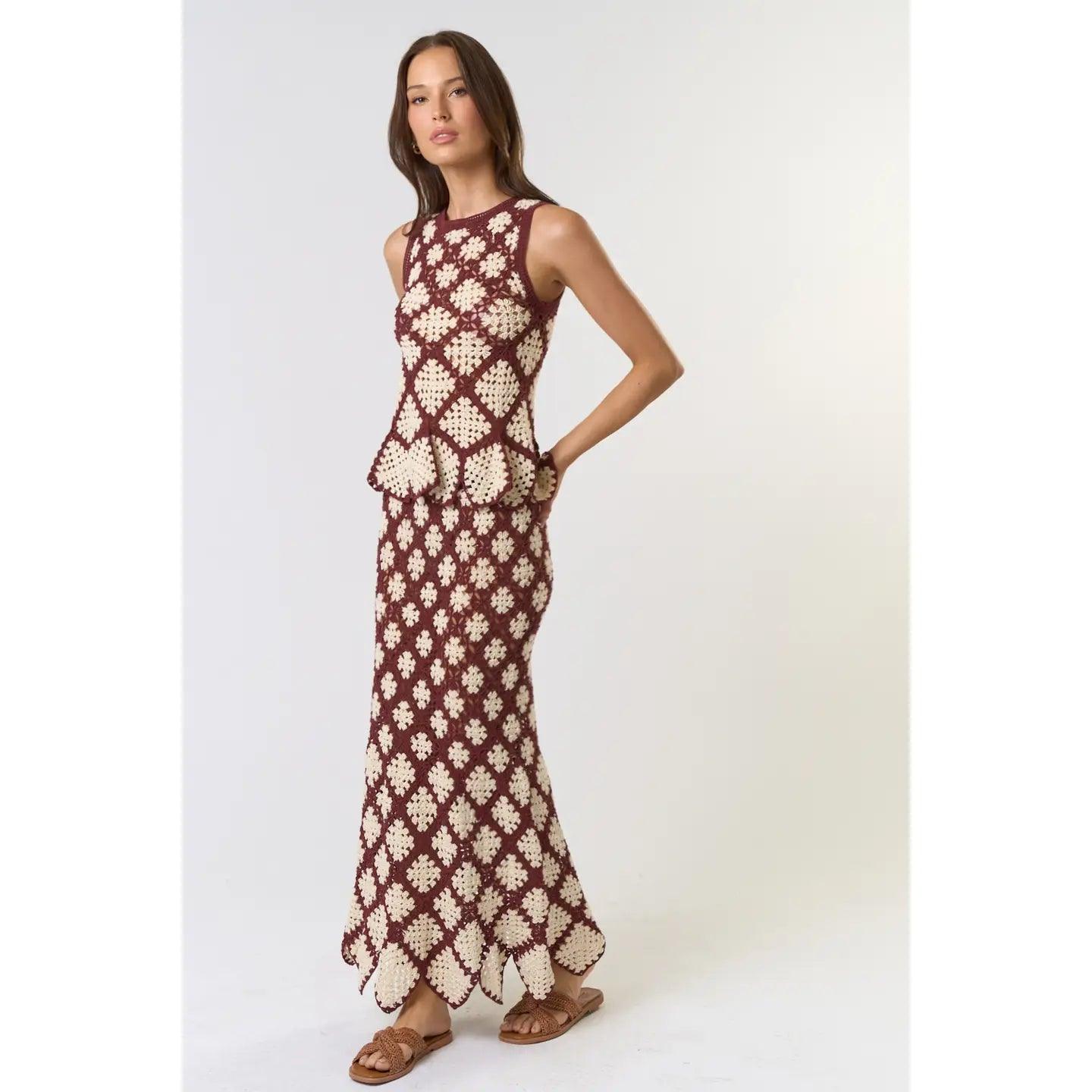 White Lotus Brown Cream Maxi Skirt - Boho Flowy Long Skirt for Women, Perfect for Beach, Vacation, and Summer Outfits