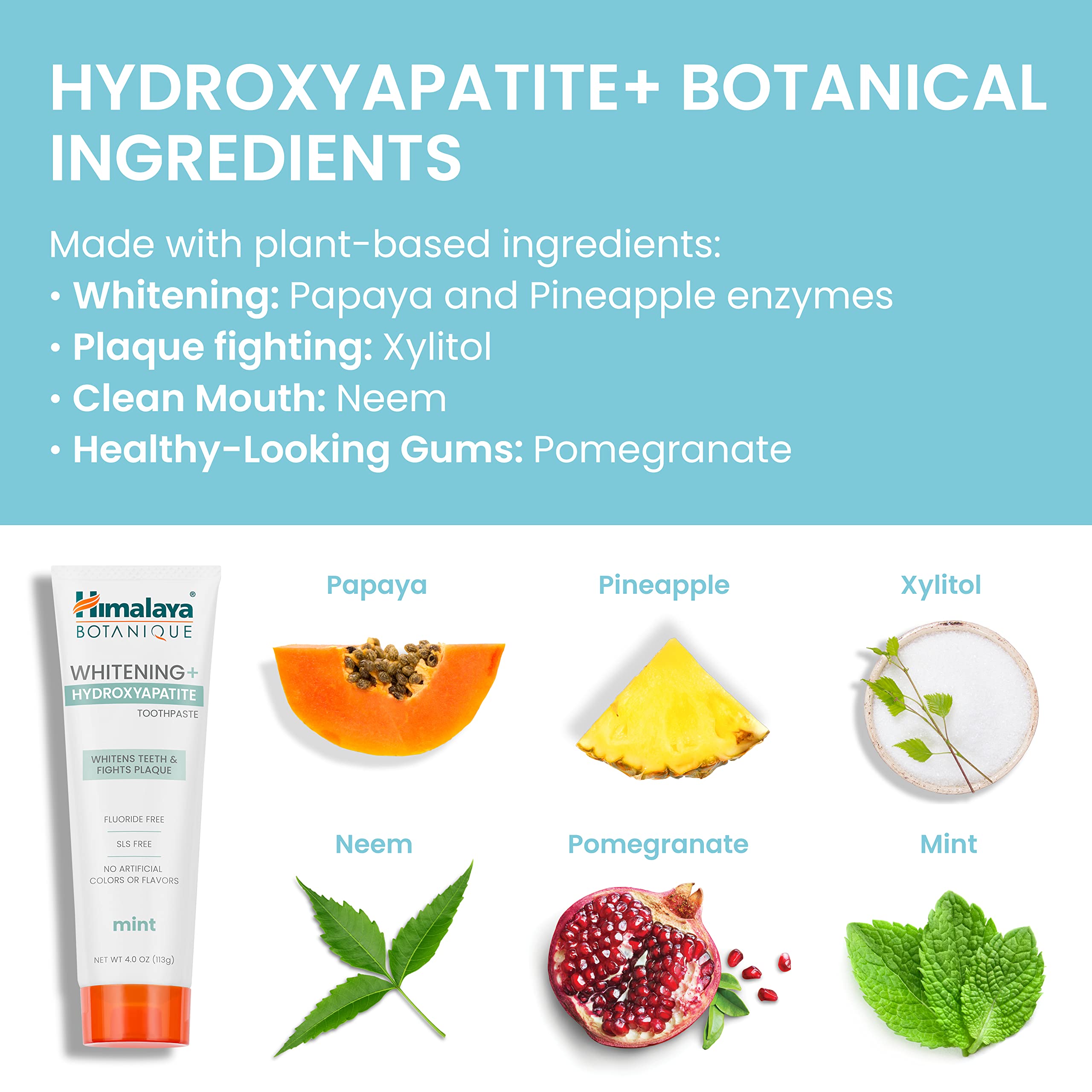 Himalaya Botanique Whitening Toothpaste with Hydroxyapatite - Fluoride Free, SLS Free, Vegan Mint Toothpaste for Whiter Teeth & Fresh Breath (4 oz/113g) - Perfect for Daily Oral Care & Natural Teeth Whitening