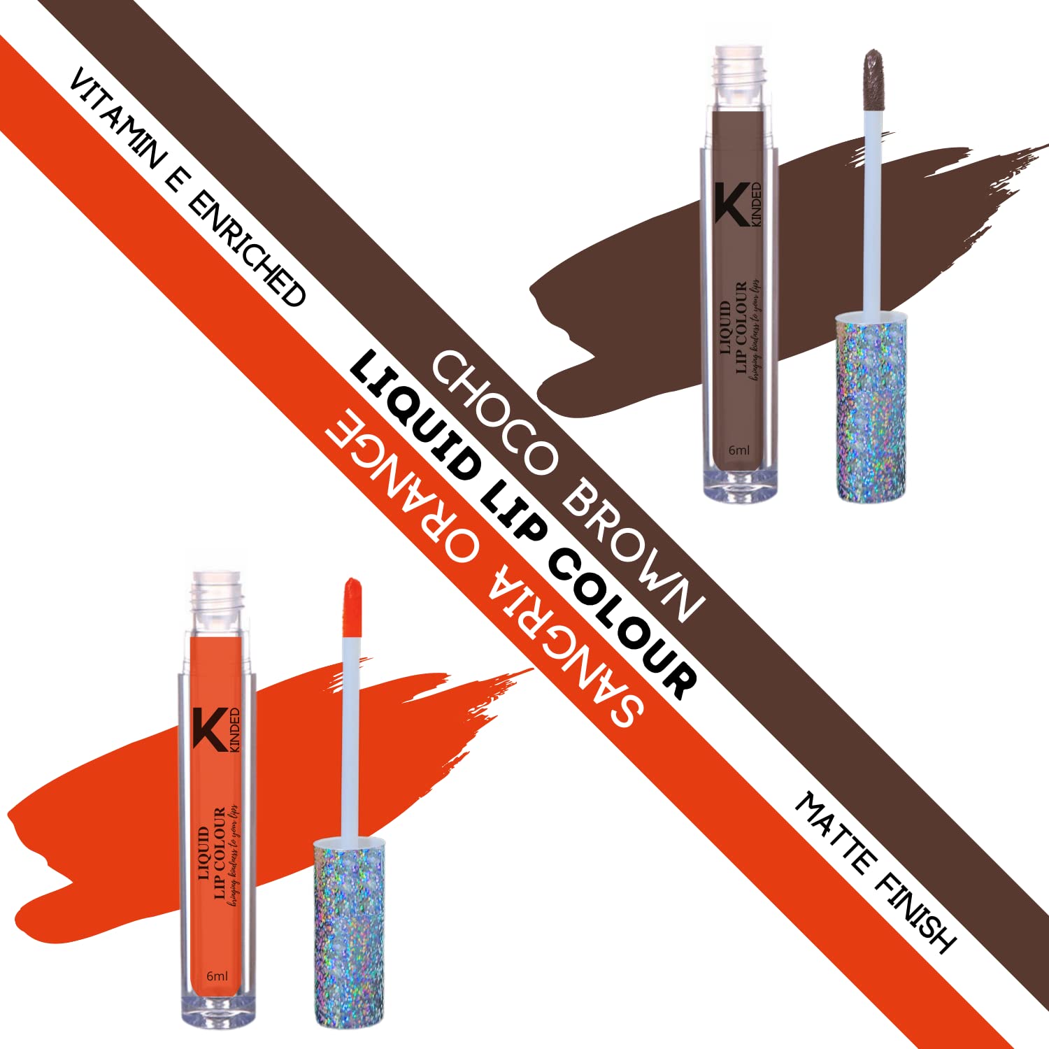 KINDED Liquid Lipstick Set - Vitamin E Enriched, Waterproof, Long-Lasting Matte Lip Color (2 Pack, 6ml Each) - Choco Brown & Sangria Orange Shades - Perfect for Daily Wear, Parties & Special Occasions