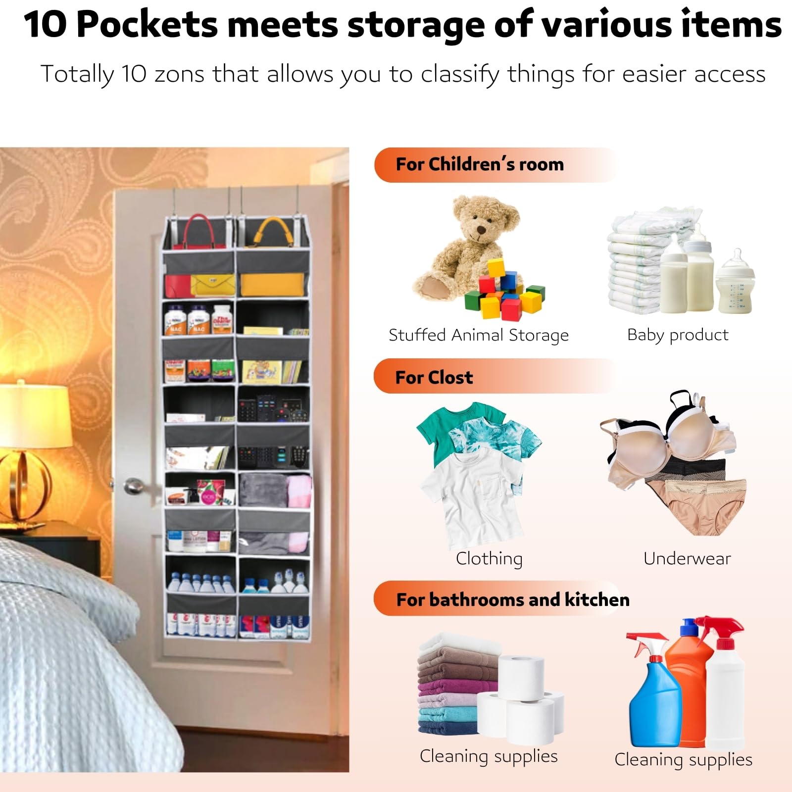 Extra Large Over the Door Organizer - 5 Tier Hanging Storage with 10 Compartments (80 lbs Capacity) | Space-Saving Closet, Nursery, Bedroom & Bathroom Organizer for Diapers, Toys, Towels & More