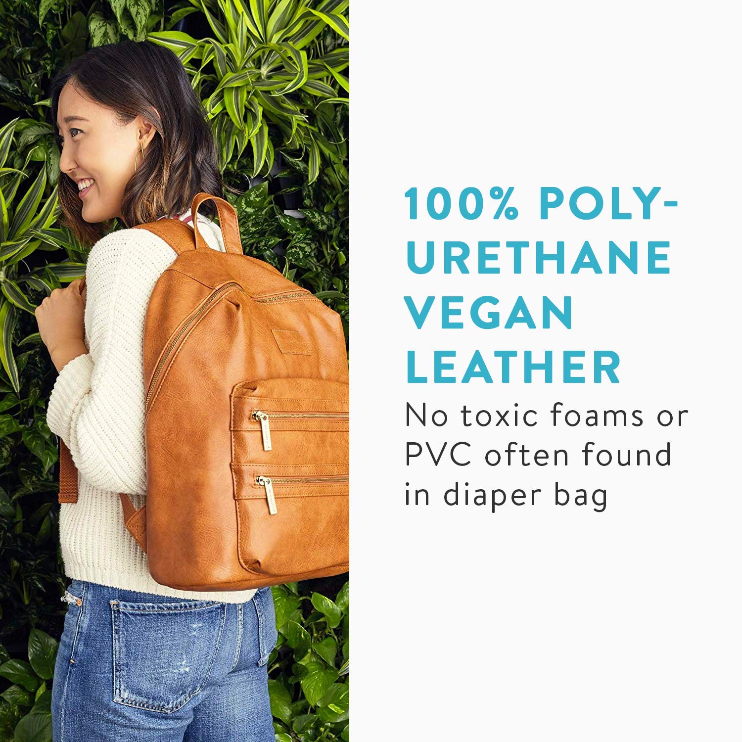 The Honest Company Vegan Leather City Backpack - Stylish Diaper Bag with Detachable Changing Pad | Black Eco-Friendly Leather with Gold Accents | PVC-Free Lining (16