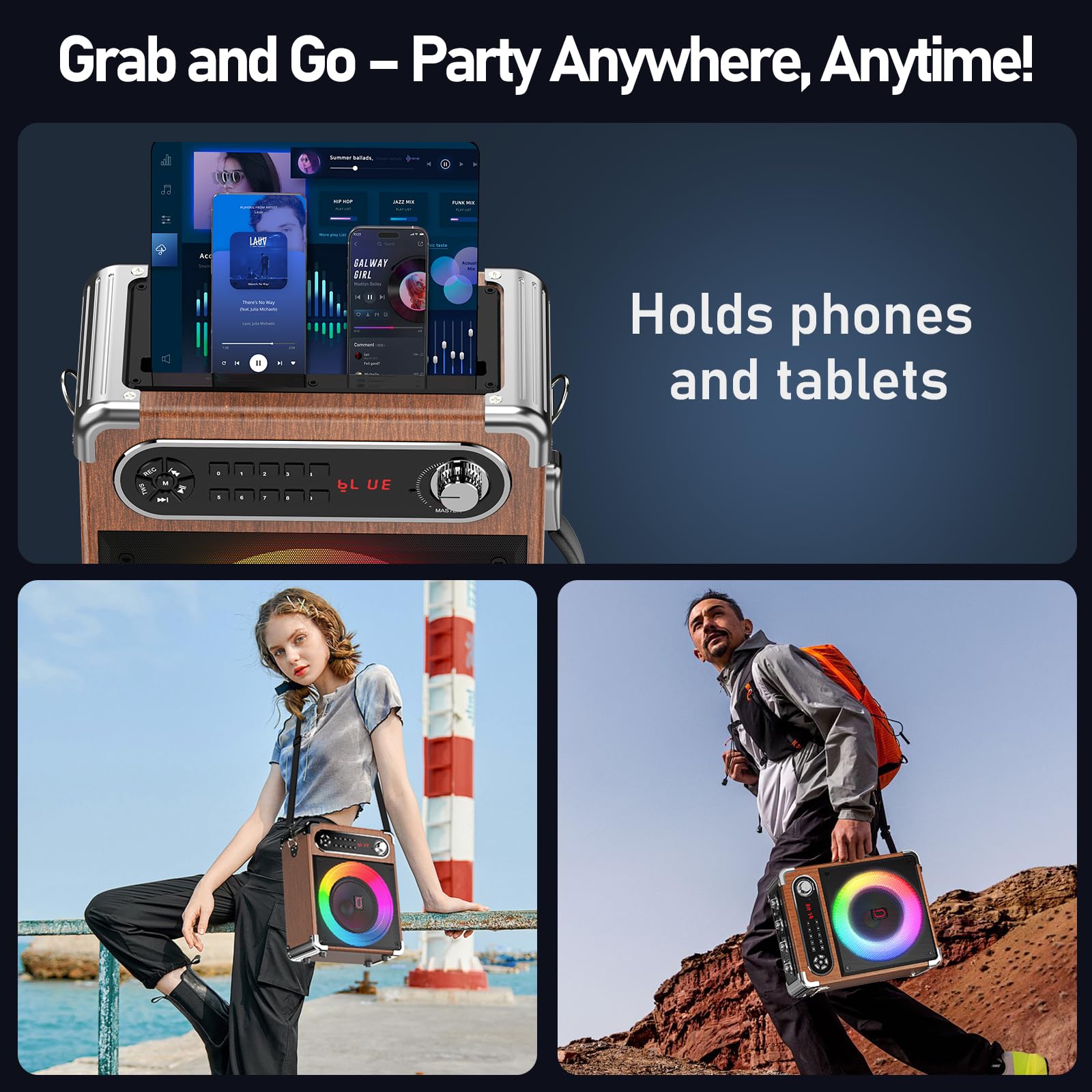 Portable Bluetooth Karaoke Machine with 2 Wireless Microphones - Bass/Treble Adjustable PA Speaker System with LED Lights, Remote Control, USB/AUX/TF/FM/REC/TWS - Perfect for Home Parties, Outdoor Gatherings & KTV Entertainment