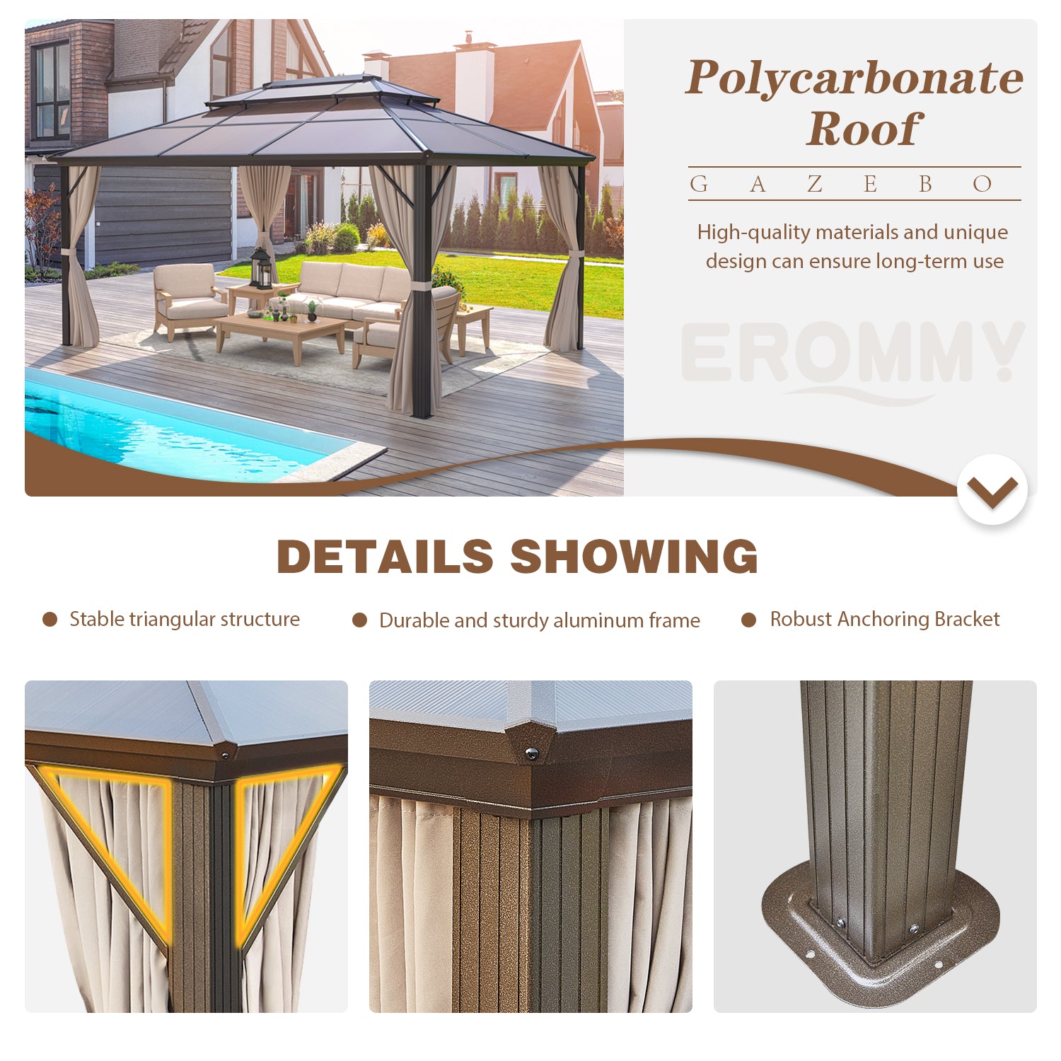 EROMMY 12' x 16' Hardtop Gazebo with Polycarbonate Double Roof, Netting & Curtains - Outdoor Patio Canopy for Garden, Backyard, and Poolside Relaxation