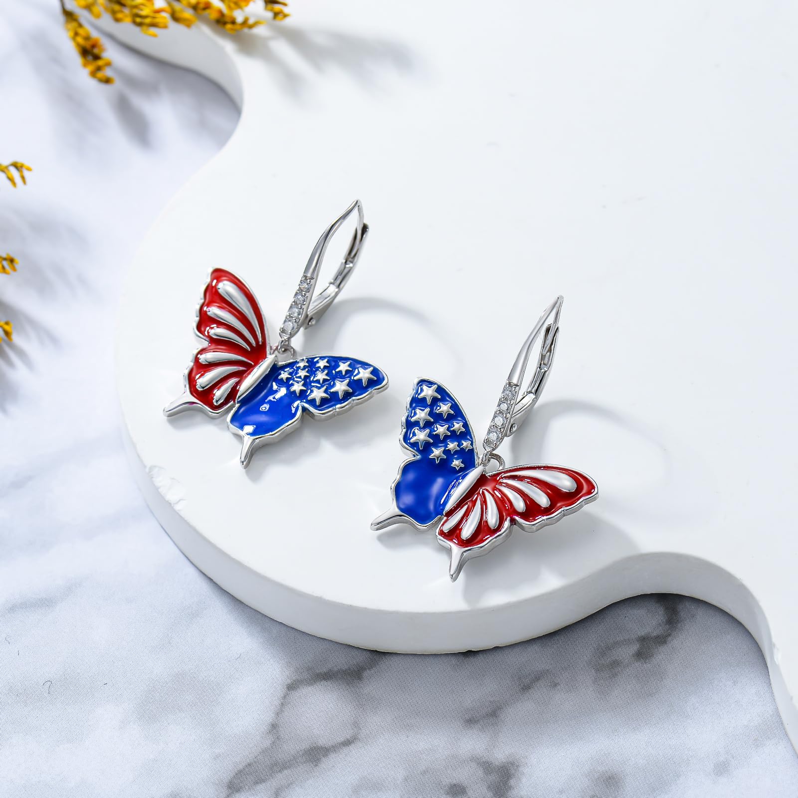 American Flag Butterfly Earrings for Women - S925 Sterling Silver Patriotic Jewelry, Red White & Blue Earrings - Perfect Gift for 4th of July, Independence Day & Summer Festivals