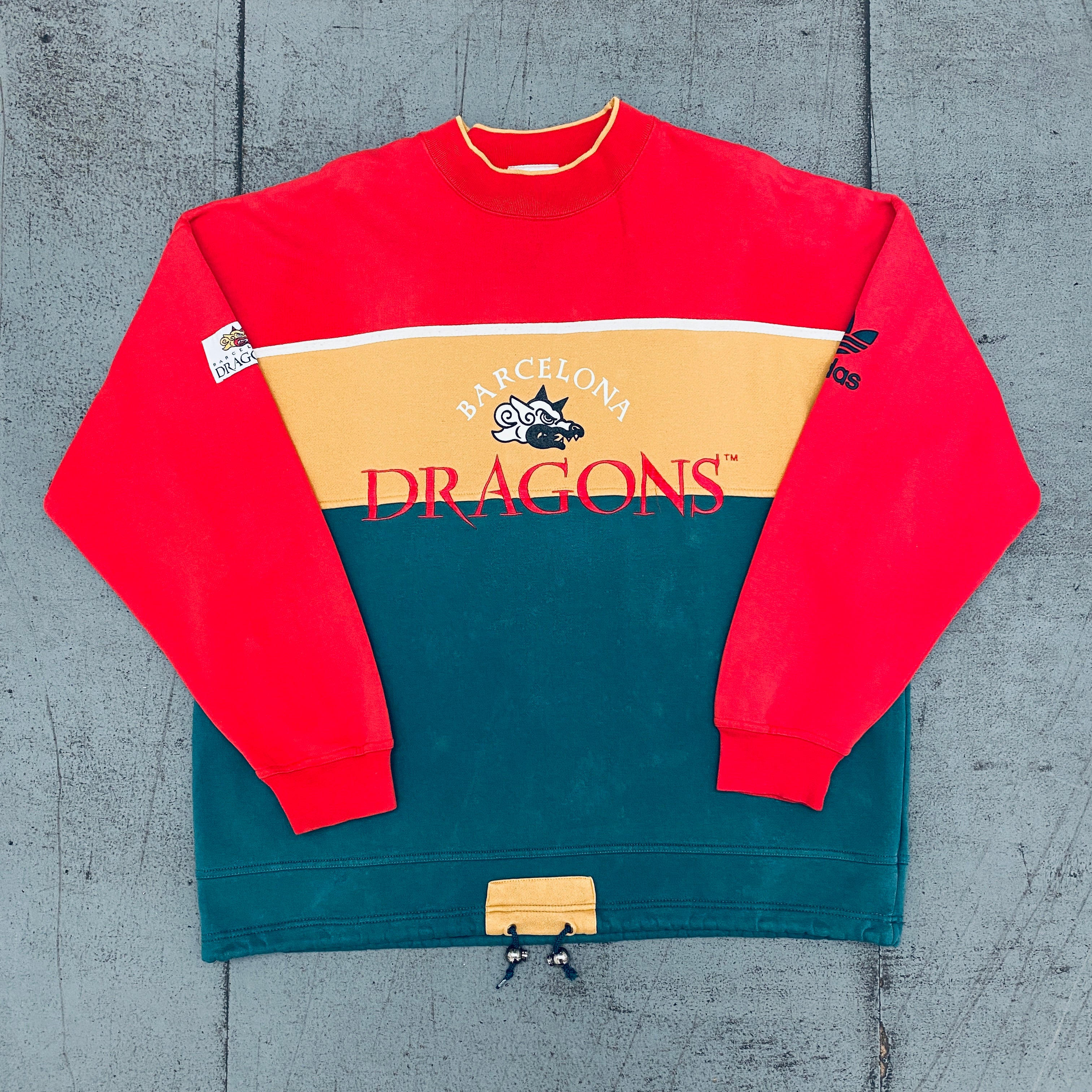 Vintage 1990s Barcelona Dragons Adidas Embroidered Spellout Sweatshirt - XL Size | Retro NFL Europe Football Fan Apparel for Men | Perfect for Game Day, Collectors & 90s Fashion Enthusiasts