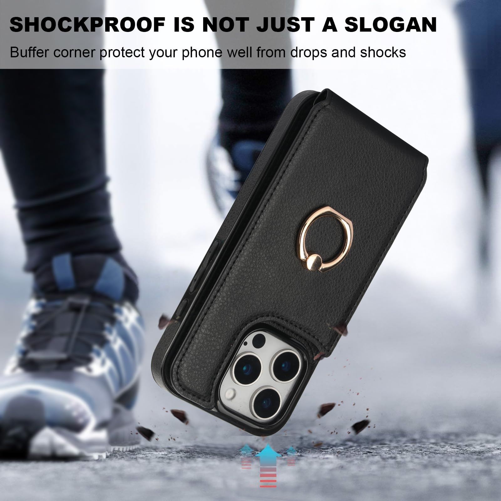 Folosu iPhone 16 Pro Case Wallet with Card Holder - 360° Rotating Finger Ring Stand & Kickstand | RFID Blocking Leather Protective Cover with Shockproof Double Buttons for 6.3
