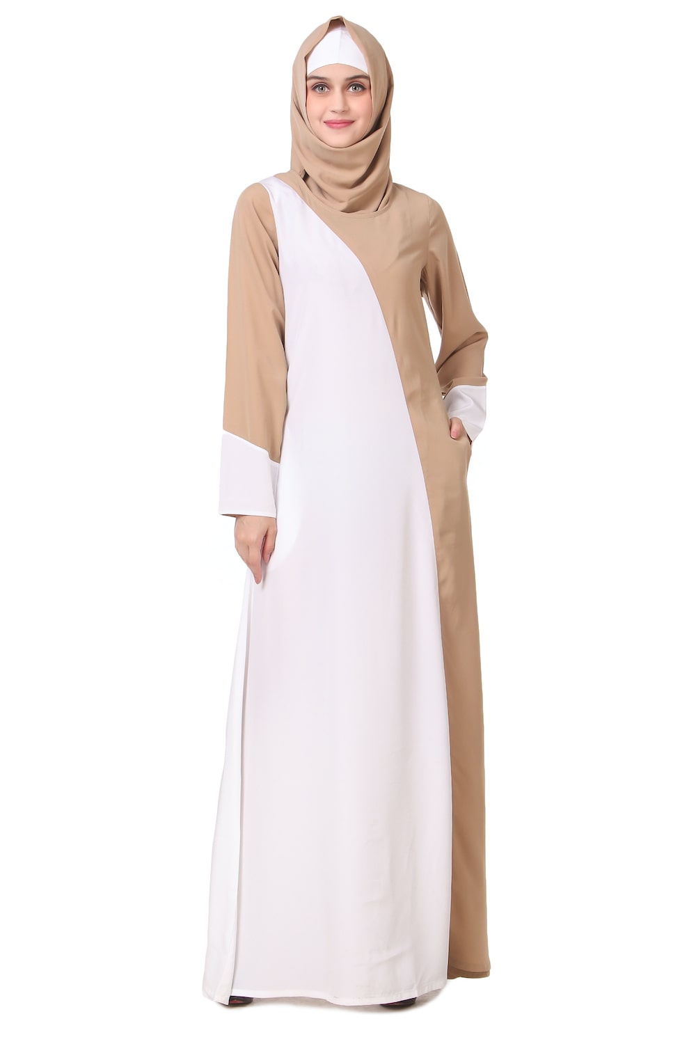 Elegant Dual Color Asymmetric Panel Abaya Dress - Modest Islamic Fashion for Women - Perfect for Prayer, Mosque, and Special Occasions