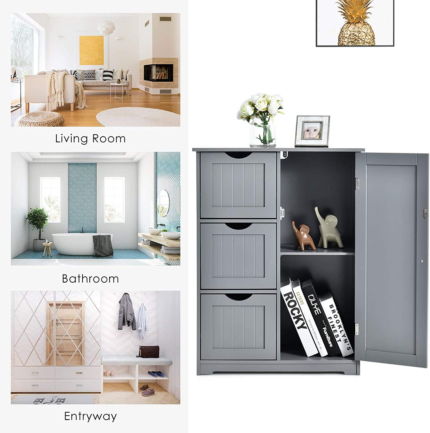 LDAILY Modern Mocha Bathroom Floor Cabinet with 3 Drawers & Adjustable Shelf - Wood Storage Cabinet for Bathroom, Entryway, Home Office - Grey - Perfect for Small Space Organization & Stylish Home Decor
