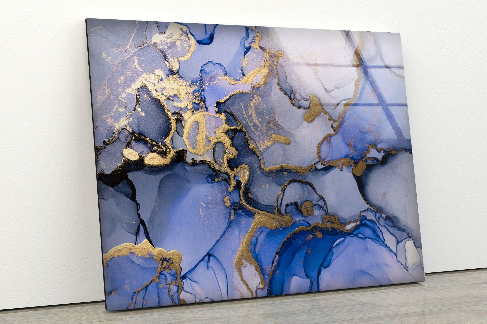 Blue Abstract Alcohol Ink Marble Glass Wall Art - Modern Home Decor for Living Room, Bedroom & Office - Unique Handmade Glass Painting for Wall Display