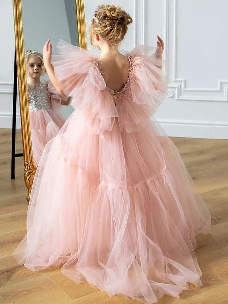 3D Sequin Floral Knee-Length Flower Girl Dress for Weddings, Pageants & Special Occasions – Elegant & Comfortable for Kids
