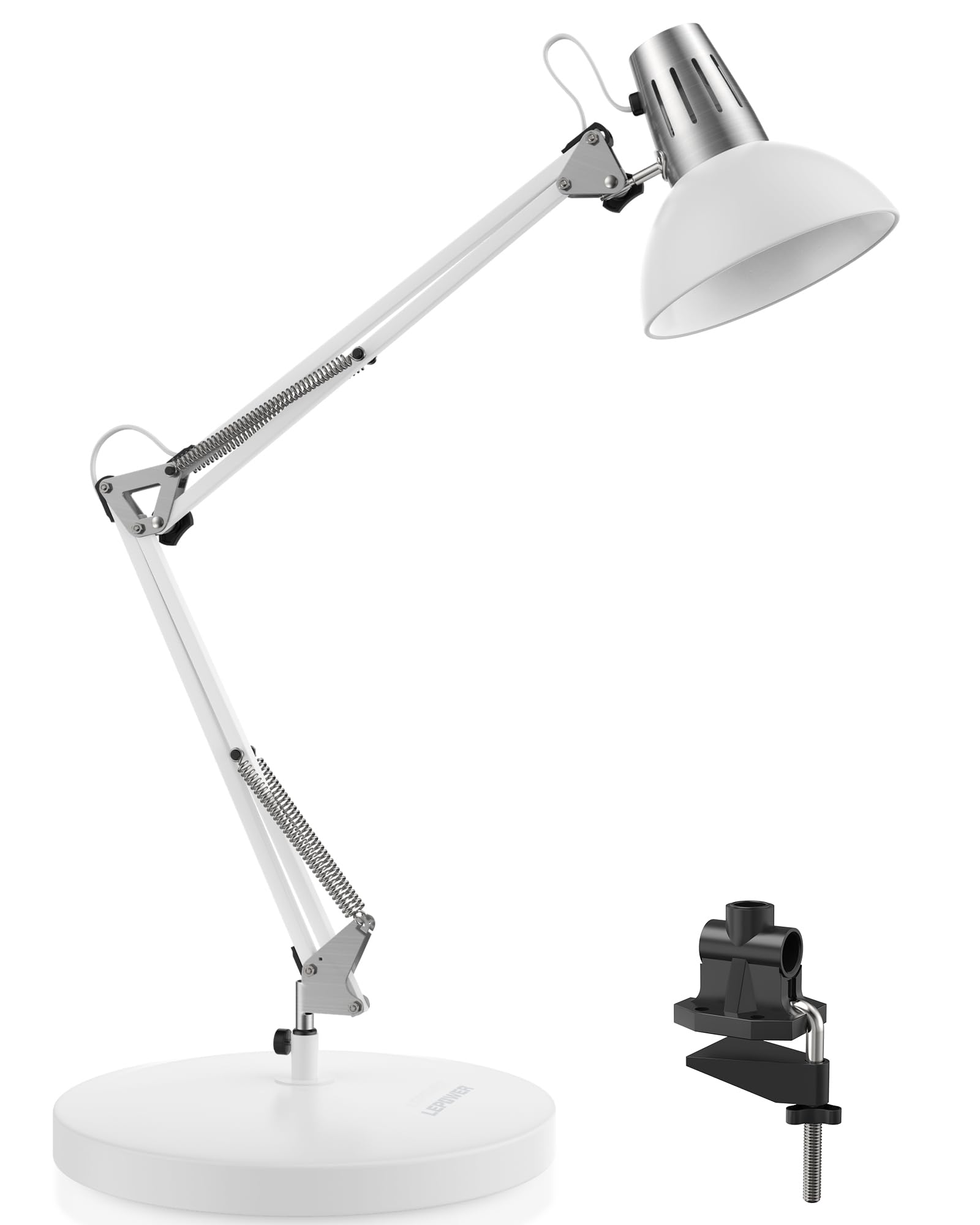 LEPOWER Adjustable Metal Desk Lamp with Clamp - Architect Swing Arm Task Light, Eye-Caring Reading Lamp for Study, Office & Bedroom - White | Perfect for Home Office, Dorm Room & Nightstand Lighting