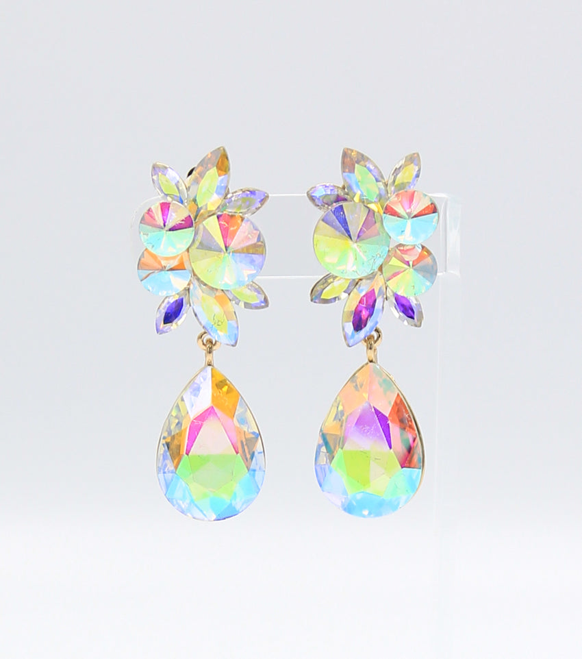 Floral AB Teardrop Clip-On Earrings in Gold – Elegant Dangle Earrings for Women | Perfect for Weddings, Parties & Special Occasions
