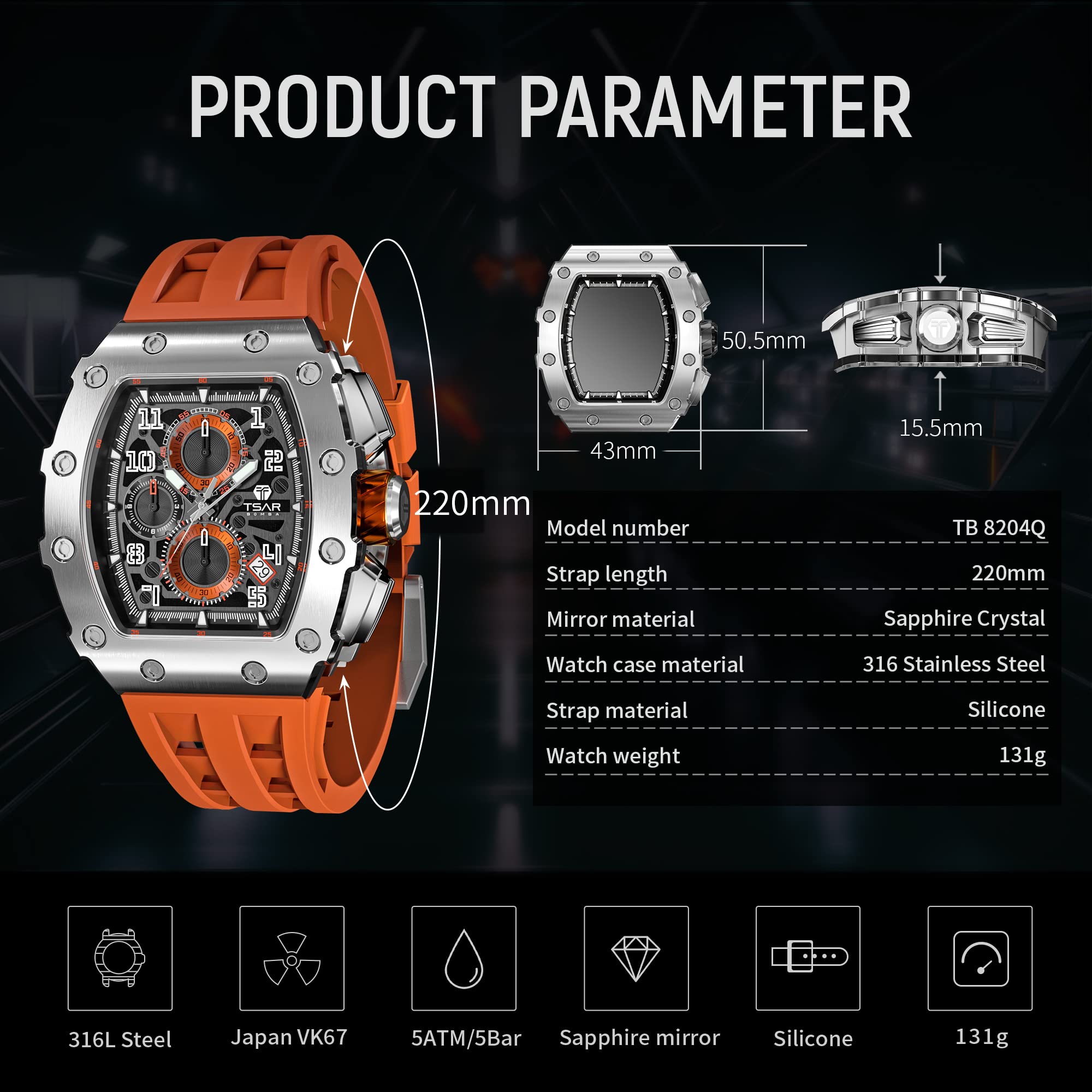 TSAR BOMBA Luxury Men's Watch - 50M Waterproof Tonneau Chronograph with Japanese Quartz Movement & Silicone Band - Perfect for Business, Casual Wear & Outdoor Activities - Ideal Gift for Men