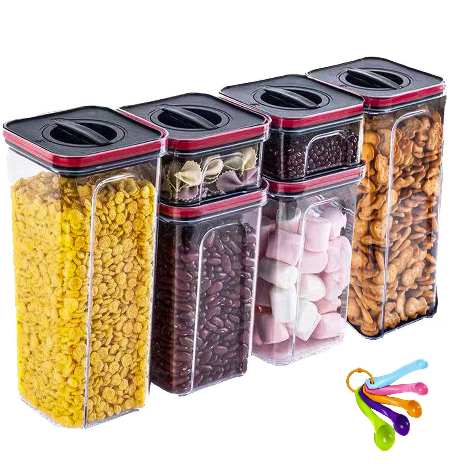 6-Piece Airtight Cereal Storage Containers with Lids & Spoon Set - BPA-Free Plastic Kitchen Organizers with Silicone Seal for Pantry, Flour, Rice, Pasta & Dry Food Storage - Perfect for Home, Office & Dorm Organization