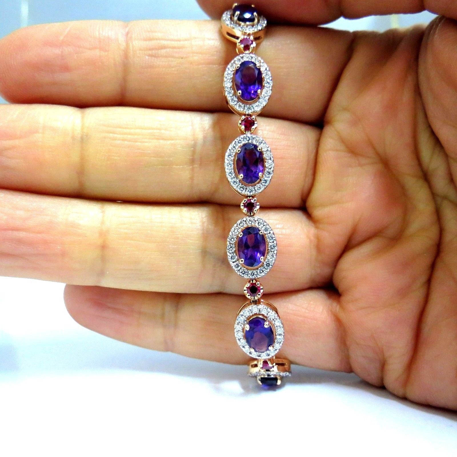 6.46ct Natural Amethyst & Ruby Diamond Halo Bracelet in 14K Gold - Elegant Jewelry for Weddings, Anniversaries & Special Occasions