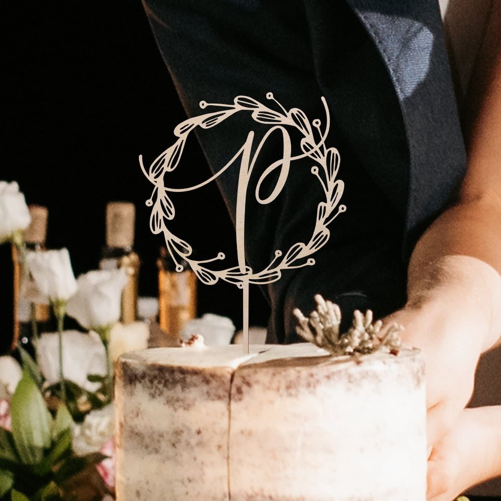 Personalized Wooden Monogram Cake Topper - Rustic Wreath Letter P for Wedding & Birthday Cake Decoration - Handmade Custom Initial Cake Decor (Design 07) | Perfect for Rustic Weddings, Birthday Parties & Anniversary Celebrations