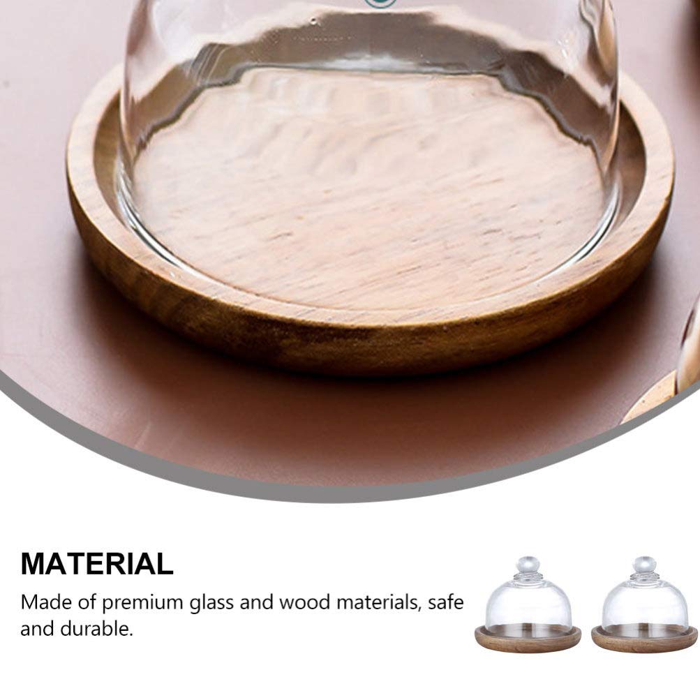 2Pcs Clear Glass Cake Stand with Dome Cover - Round Cake Plate Server Platter with Wooden Base & Glass Bell Jar - Perfect for Birthday Parties, Weddings, and Dessert Displays