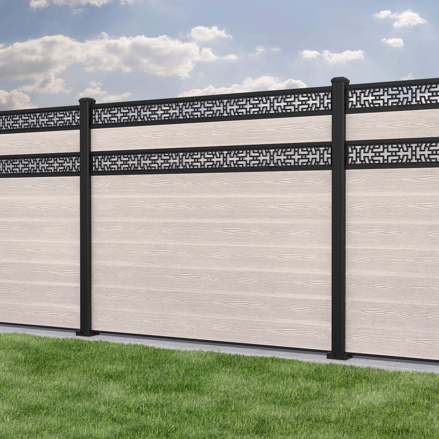 Classic Kumo Split Screen Fence Panel in Mid Stone with Aluminum Posts - Perfect for Garden Privacy and Modern Outdoor Decoration