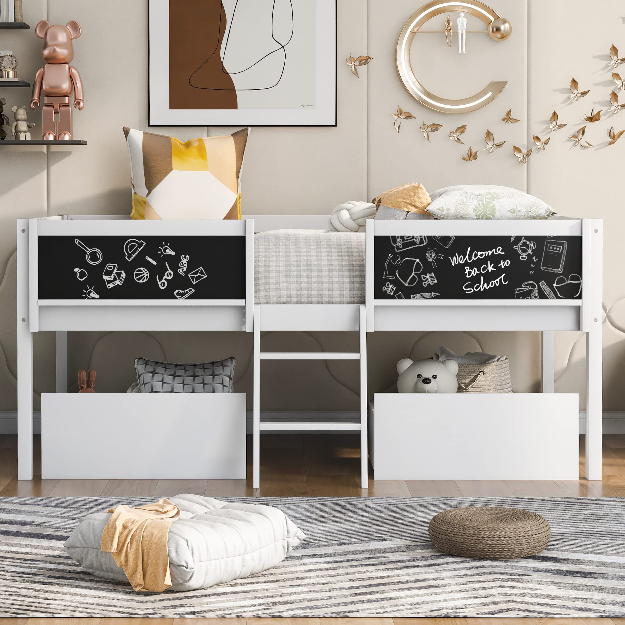 Twin Size Wooden Loft Bed with 2 Drawers & Ladder - Low Profile Kids Bed Frame with Decorative Guardrail & Chalkboard - No Box Spring Needed - Perfect for Small Bedrooms, Dorm Rooms & Kids' Spaces (White+C01)