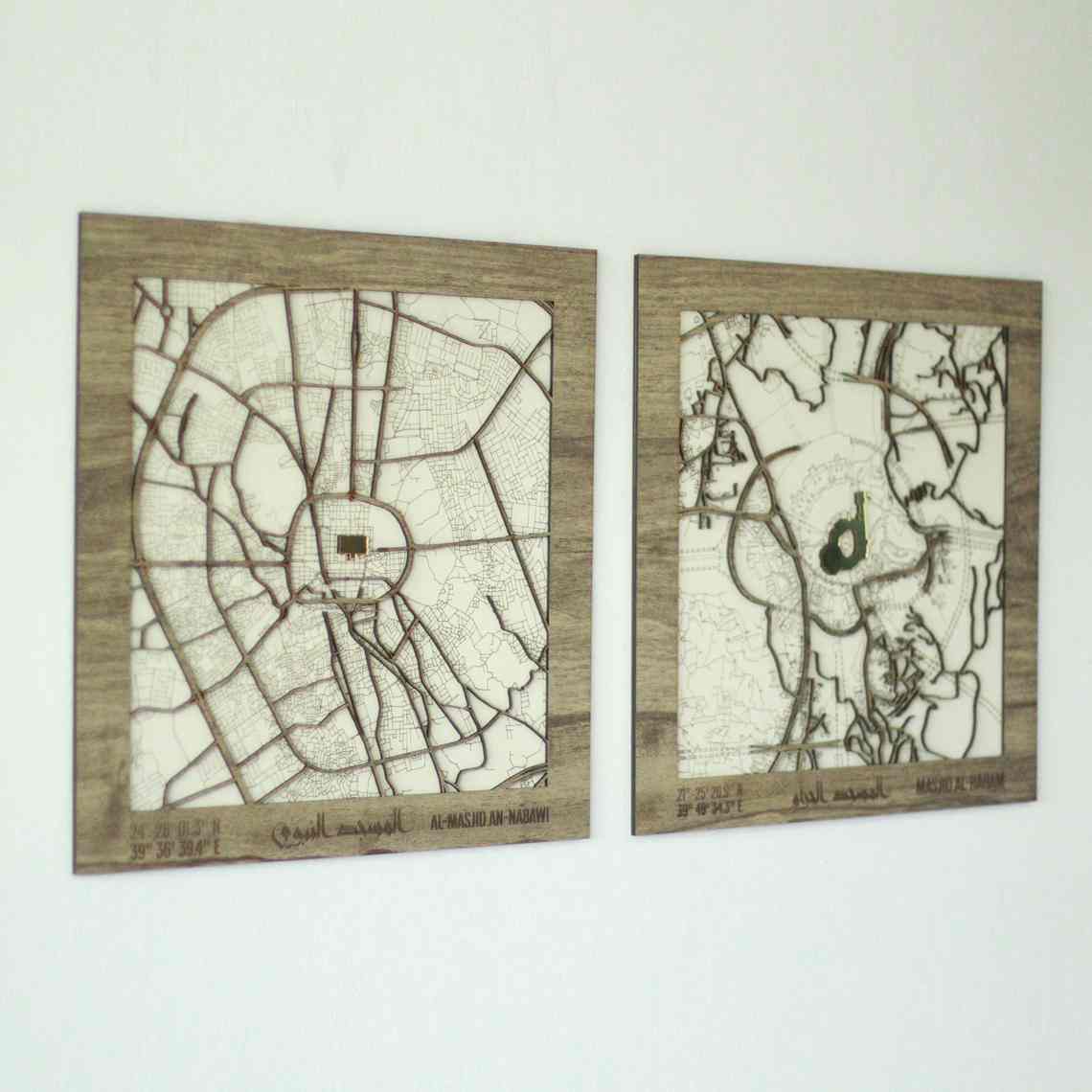 Masjid Al Haram & Masjid Al Nabawi Wooden Map - Islamic Wall Art Decor for Home, Mosque & Office - Perfect for Muslim Prayer Room & Gift