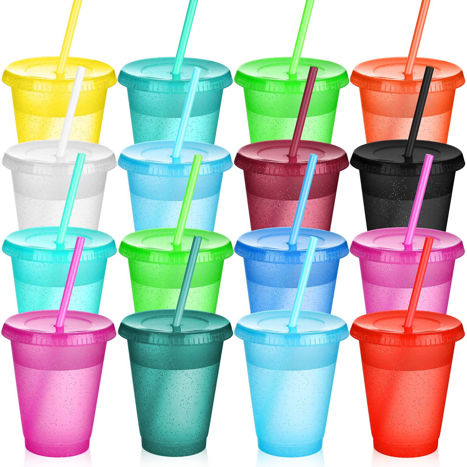 16oz Reusable Plastic Tumbler Cups with Lids & Straws - 15 Pack Colorful Kids & Adults Travel Mug for Iced Coffee, Water, Juice - Perfect for Parties, Picnics, School, Office & Outdoor Activities