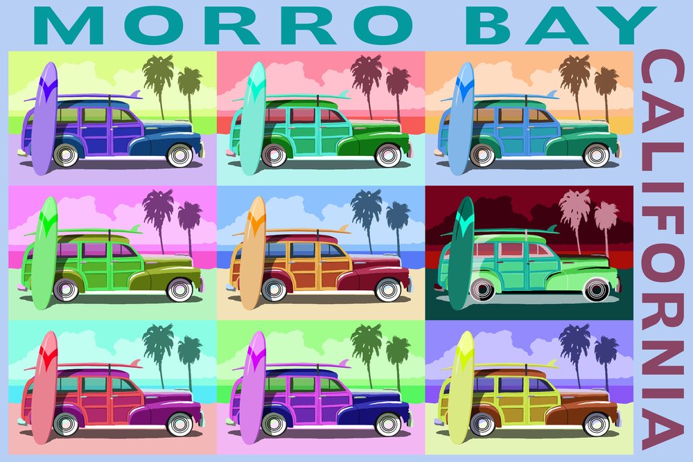 Morro Bay California Woody Pop Art 40846 - 24x36 Signed Print Master Art Print - Coastal Wall Decor Poster for Living Room, Beach House & Office