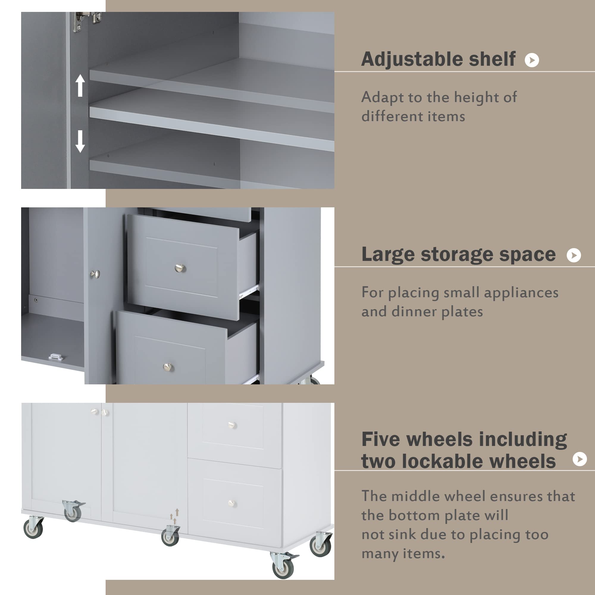 HABITRIO Multi-Functional Kitchen Island Cart with Cabinet, Storage Drawers & Spice Rack - Extendable Solid Wood Table Top, Wheels, Dusty Blue - Perfect for Small Kitchens, Dining Areas & Home Organization