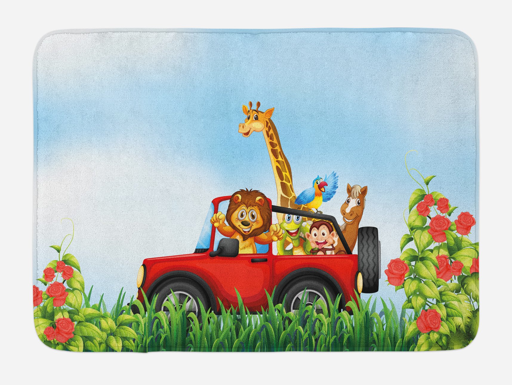 Ambesonne Non-Slip Plush Bath Mat - Cartoon Wildlife Animals Riding Car Park Scene, 30