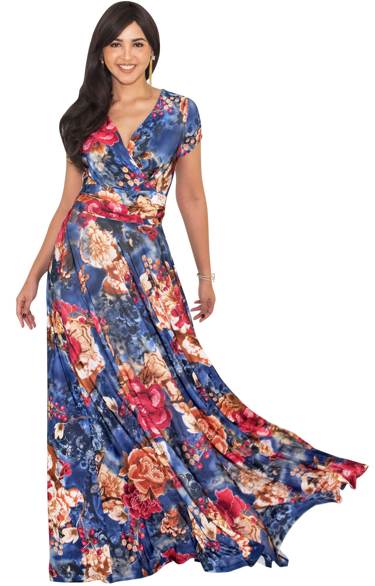 KOH KOH Women's Long Floral Print Maxi Dress - Summer Short Sleeve Flowy Modest Gown for Beach, Vacation & Casual Wear